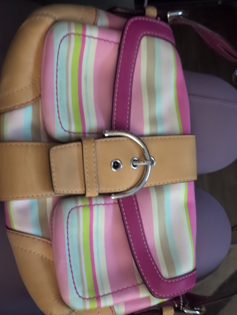 Coach Pink Multi-Stripe Shoulder Bag with Tan Trim